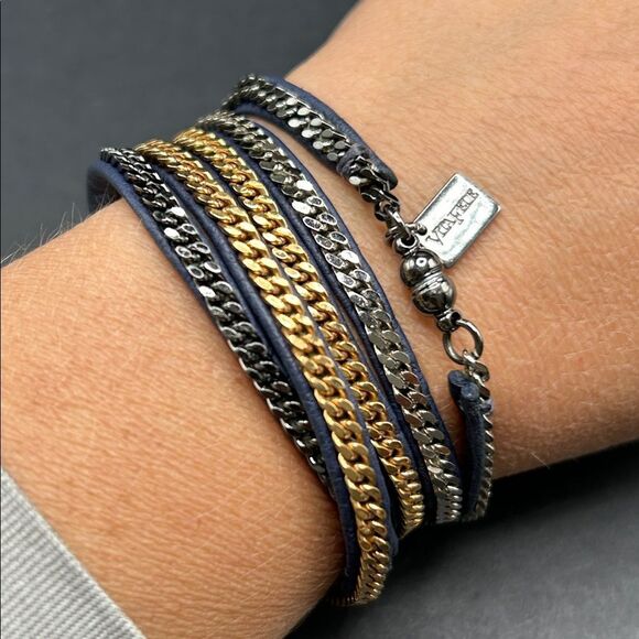 Vita Fede Multicolor Chain Navy Leather Wrap Bracelet - Picture 3 of 5